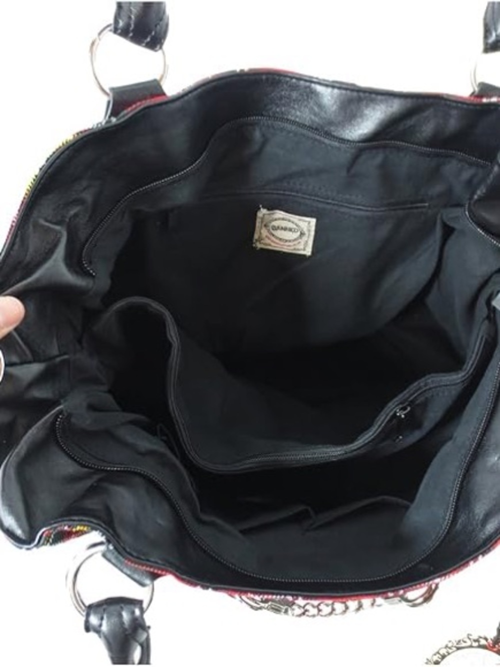 Red Plaid Tote Bag with Black Trim and Stud Details - Picture 5 of 5
